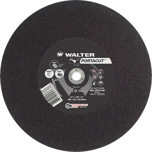 WALTER Surface Technologies - 14" 24 Grit Aluminum Oxide Cutoff Wheel - 1/8" Thick, 1" Arbor, 5,400 Max RPM, Use with Electric & Gas Powered Saws - Benchmark Tooling