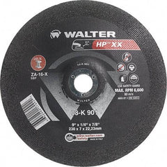 WALTER Surface Technologies - 16 Grit, 9" Wheel Diam, 1/4" Wheel Thickness, 7/8" Arbor Hole, Type 28 Depressed Center Wheel - Aluminum Oxide, Resinoid Bond, 6,600 Max RPM - Benchmark Tooling