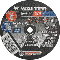 WALTER Surface Technologies - 3" 24 Grit Aluminum Oxide Cutoff Wheel - 1/8" Thick, 1/4" Arbor, 25,470 Max RPM, Use with Die Grinders - Benchmark Tooling