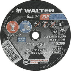 WALTER Surface Technologies - 4" 24 Grit Aluminum Oxide Cutoff Wheel - 1/8" Thick, 3/8" Arbor, 19,100 Max RPM, Use with Die Grinders - Benchmark Tooling
