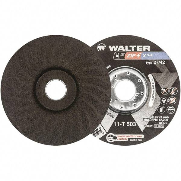 WALTER Surface Technologies - 46 Grit, 5" Wheel Diam, 1/16" Wheel Thickness, 7/8" Arbor Hole, Type 27 Depressed Center Wheel - Aluminum Oxide, Resinoid Bond, 12,200 Max RPM - Benchmark Tooling