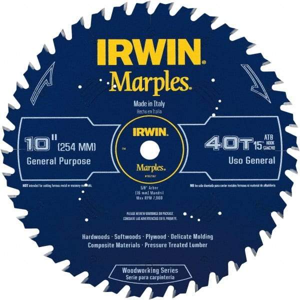 Irwin Blades - 10" Diam, 5/8" Arbor Hole Diam, 40 Tooth Wet & Dry Cut Saw Blade - Carbide-Tipped, Finishing Action, Standard Round Arbor - Benchmark Tooling