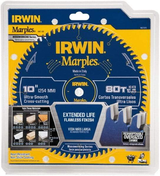 Irwin Blades - 10" Diam, 5/8" Arbor Hole Diam, 80 Tooth Wet & Dry Cut Saw Blade - Carbide-Tipped, Finishing Action, Standard Round Arbor - Benchmark Tooling