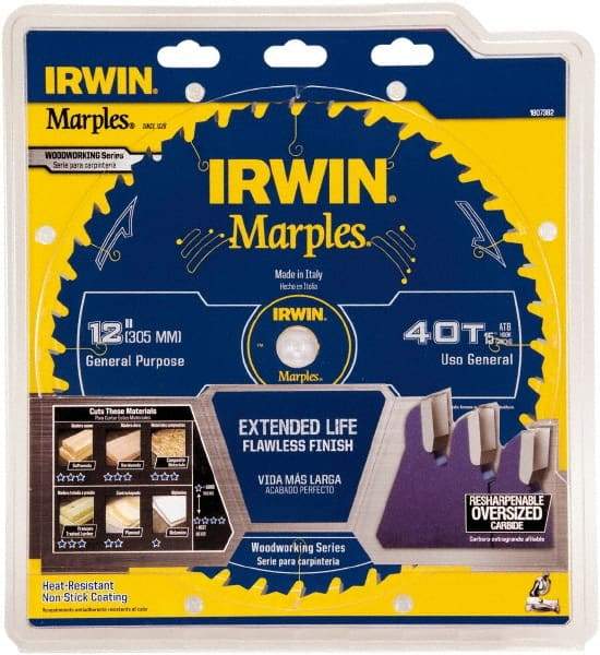 Irwin Blades - 12" Diam, 1" Arbor Hole Diam, 40 Tooth Wet & Dry Cut Saw Blade - Carbide-Tipped, Finishing Action, Standard Round Arbor - Benchmark Tooling