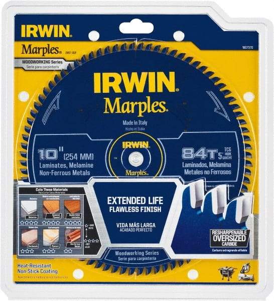 Irwin Blades - 10" Diam, 5/8" Arbor Hole Diam, 84 Tooth Wet & Dry Cut Saw Blade - Carbide-Tipped, Finishing Action, Standard Round Arbor - Benchmark Tooling