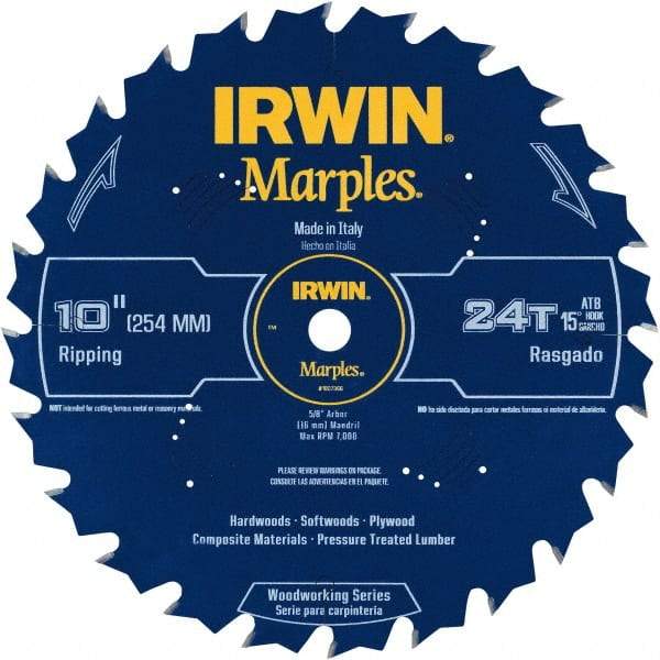 Irwin Blades - 10" Diam, 5/8" Arbor Hole Diam, 24 Tooth Wet & Dry Cut Saw Blade - Carbide-Tipped, Finishing Action, Standard Round Arbor - Benchmark Tooling