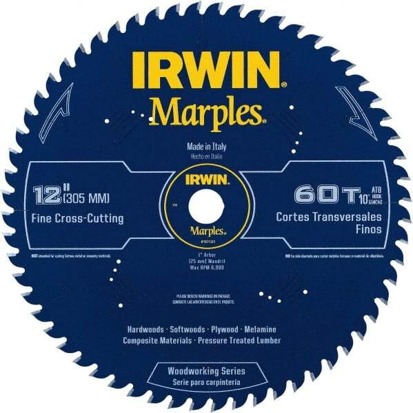 Irwin - 12" Diam, 1" Arbor Hole Diam, 60 Tooth Wet & Dry Cut Saw Blade - Carbide-Tipped, Finishing Action, Standard Round Arbor - Benchmark Tooling