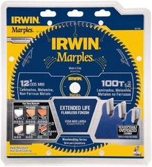 Irwin - 12" Diam, 1" Arbor Hole Diam, 100 Tooth Wet & Dry Cut Saw Blade - Carbide-Tipped, Finishing Action, Standard Round Arbor - Benchmark Tooling