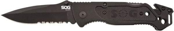 SOG Specialty Knives - 3-13/32" Blade, 8.2" OAL, Partially Serrated Clip Point Folding Knife - 4.8" Closed Length, Plastic, 1 Blade, 1 Edge - Benchmark Tooling