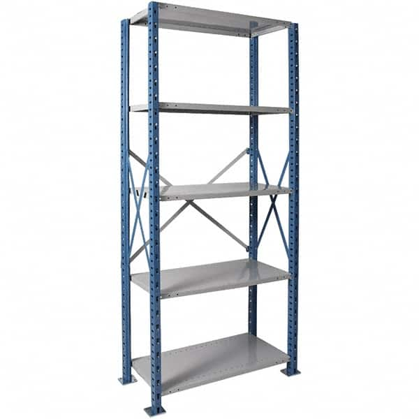 Hallowell - 5 Shelf Starter Extra Heavy-Duty Open Steel Shelving - 1 Lb Capacity, 36" Wide x 87" High x 18" Deep, Blue/Platinum - Benchmark Tooling