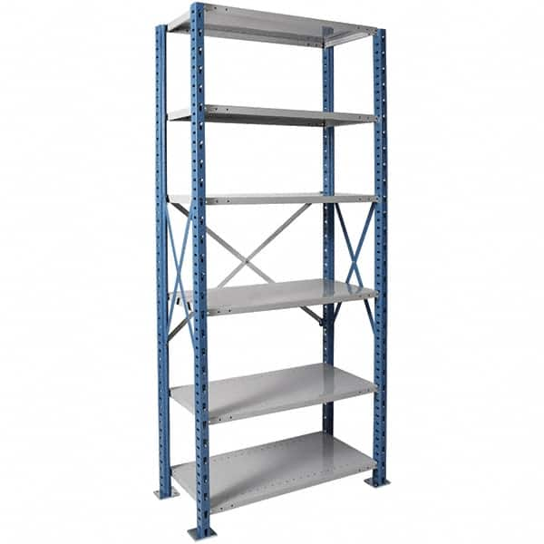 Hallowell - 6 Shelf Starter Heavy-Duty Open Steel Shelving - 500 Lb Capacity, 48" Wide x 87" High x 24" Deep, Blue/Platinum - Benchmark Tooling