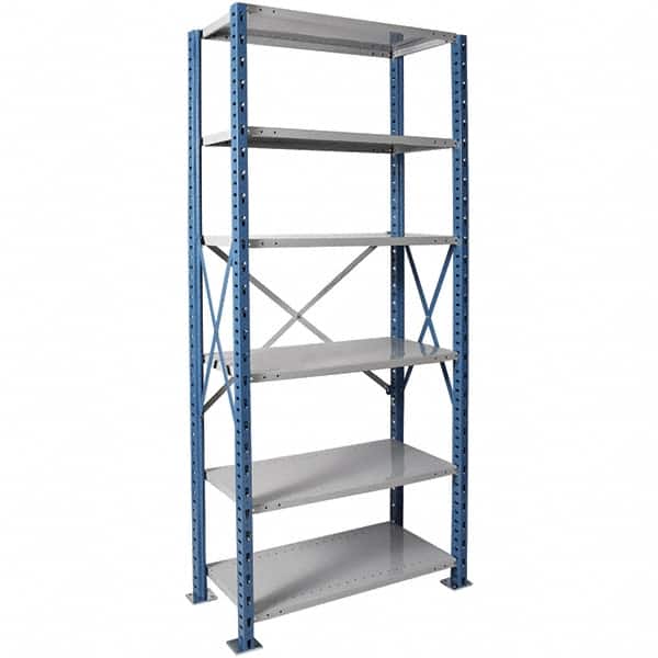 Hallowell - 6 Shelf Starter Extra Heavy-Duty Open Steel Shelving - 1 Lb Capacity, 36" Wide x 123" High x 18" Deep, Blue/Platinum - Benchmark Tooling