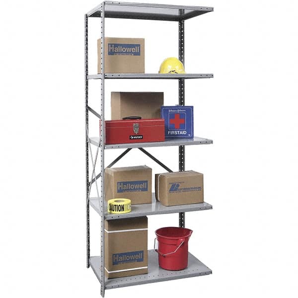 Hallowell - 5 Shelf Add-On Medium-Duty Open Steel Shelving - 500 Lb Capacity, 36" Wide x 87" High x 12" Deep, Gray - Benchmark Tooling