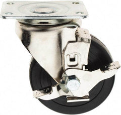 E.R. Wagner - 4" Diam x 1-1/4" Wide x 5-1/8" OAH Top Plate Mount Swivel Caster with Brake - Soft Rubber, 165 Lb Capacity, Delrin Bearing, 2-3/4 x 3-3/4" Plate - Benchmark Tooling