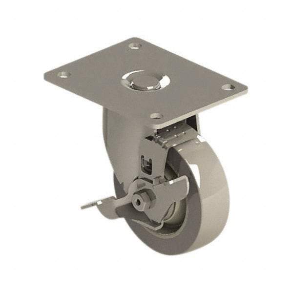 E.R. Wagner - 4" Diam x 1-1/4" Wide x 5-1/8" OAH Top Plate Mount Swivel Caster with Brake - TPR, 275 Lb Capacity, Precision Ball Bearing, 4 x 5" Plate - Benchmark Tooling