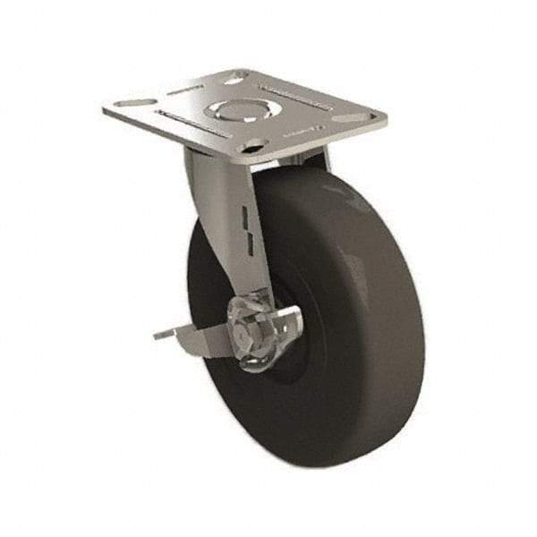 E.R. Wagner - 5" Diam x 1-1/4" Wide x 5-5/8" OAH Top Plate Mount Swivel Caster with Brake - Soft Rubber, 190 Lb Capacity, 3-1/8 x 4-1/8" Plate - Benchmark Tooling