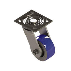 E.R. Wagner - 4" Diam x 2" Wide x 5-5/8" OAH Top Plate Mount Swivel Caster - Mold on Polyurethane, 750 Lb Capacity, Roller Bearing, 4 x 4-1/2" Plate - Benchmark Tooling