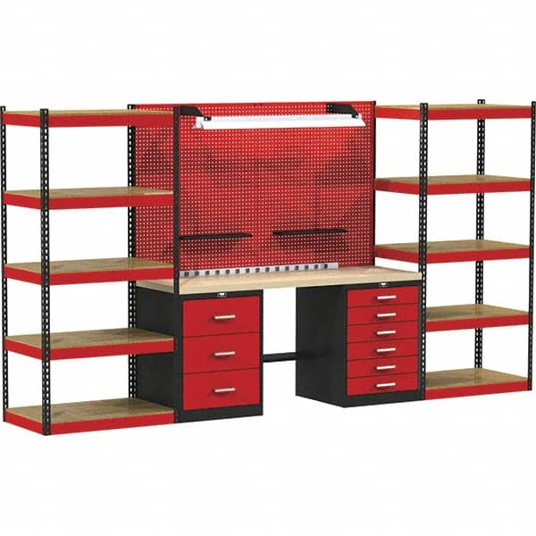 Hallowell - 132 Wide x 24" Deep x 78" High, Wood Workbench - Flat Top, Black/Red - Benchmark Tooling