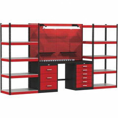 Hallowell - 132 Wide x 24" Deep x 78" High, Steel Workbench - Flat Top, Black/Red - Benchmark Tooling