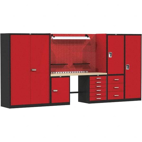 Hallowell - 132 Wide x 24" Deep x 78" High, Wood Workbench - Flat Top, Black/Red - Benchmark Tooling