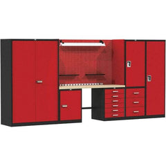 Hallowell - 132 Wide x 24" Deep x 78" High, Wood Workbench - Flat Top, Black/Red - Benchmark Tooling