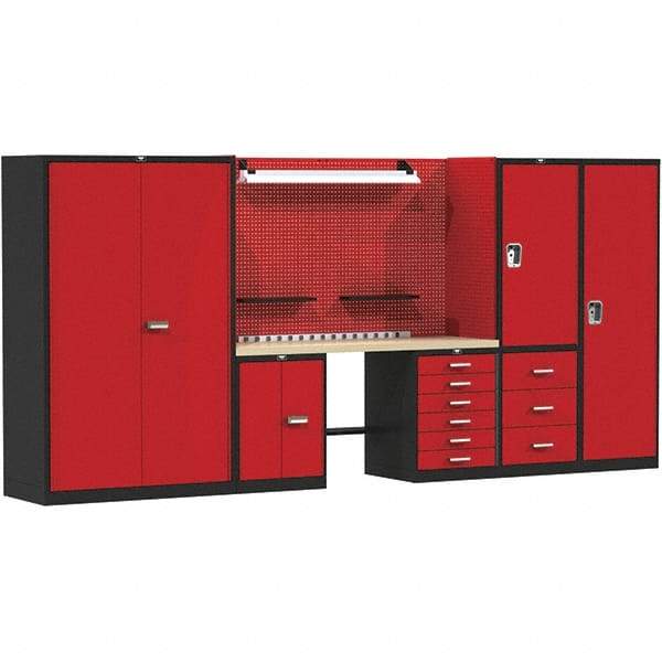Hallowell - 168 Wide x 24" Deep x 78" High, Wood Workbench - Flat Top, Black/Red - Benchmark Tooling