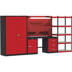 Hallowell - 132 Wide x 24" Deep x 78" High, Steel Workbench - Flat Top, Black/Red - Benchmark Tooling