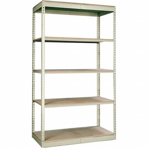 Hallowell - 5 Shelf Starter Particle Board Open Steel Shelving - 350 Lb Capacity, 48" Wide x 84" High x 12" Deep, Tan - Benchmark Tooling