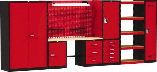 Hallowell - 168 Wide x 24" Deep x 78" High, Wood Workbench - Flat Top, Black/Red - Benchmark Tooling