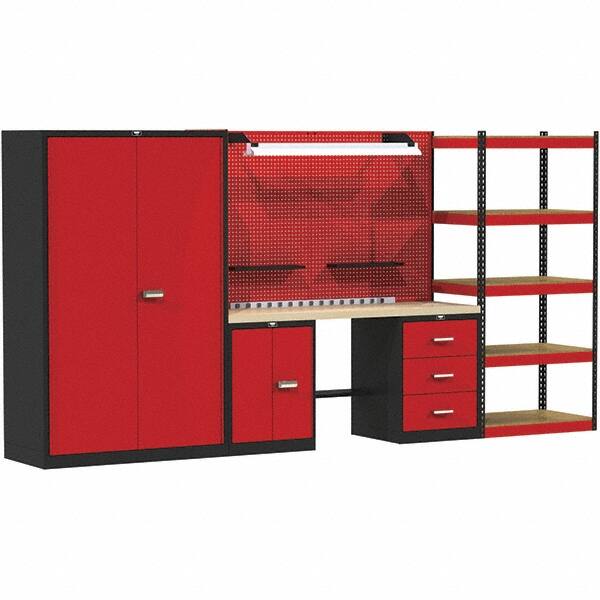 Hallowell - 168 Wide x 24" Deep x 78" High, Wood Workbench - Flat Top, Black/Red - Benchmark Tooling