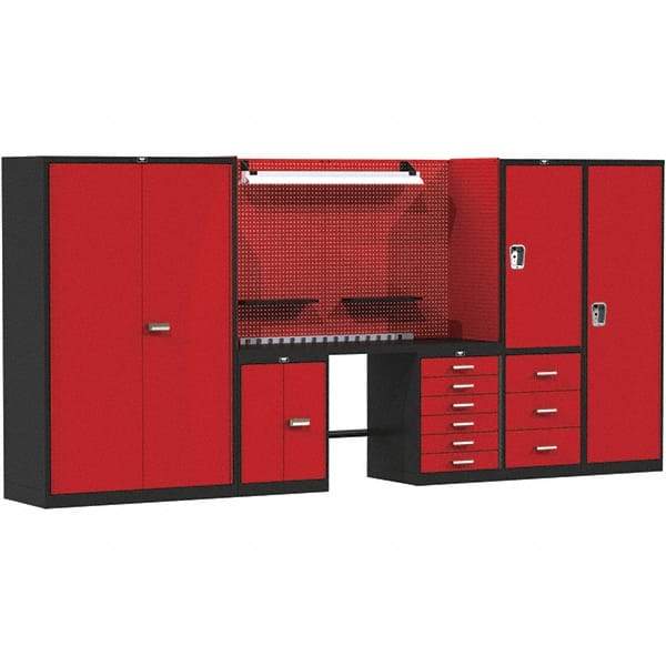 Hallowell - 168 Wide x 24" Deep x 78" High, Steel Workbench - Flat Top, Black/Red - Benchmark Tooling