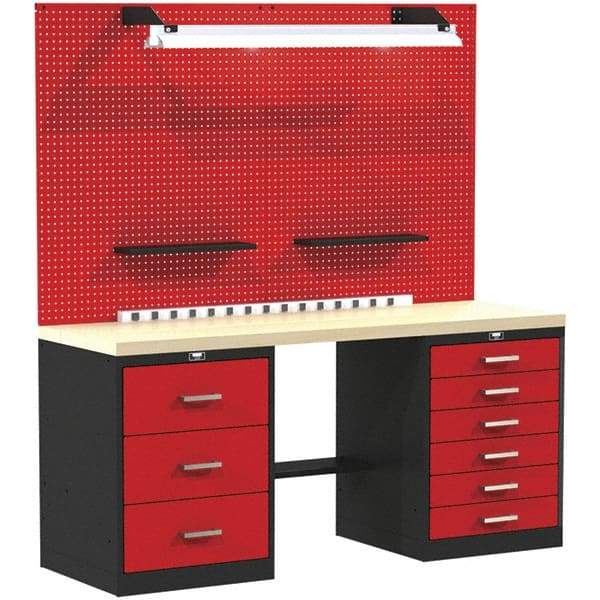 Hallowell - 60 Wide x 24" Deep x 78" High, Wood Workbench - Flat Top, Black/Red - Benchmark Tooling