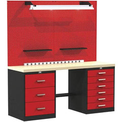 Hallowell - 60 Wide x 24" Deep x 78" High, Wood Workbench - Flat Top, Black/Red - Benchmark Tooling