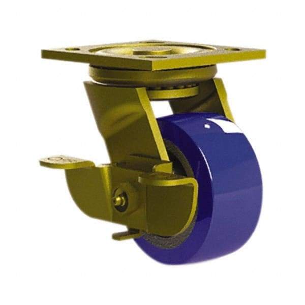 E.R. Wagner - 4" Diam x 2" Wide x 5-5/8" OAH Top Plate Mount Swivel Caster with Brake - Mold on Polyurethane, 750 Lb Capacity, Roller Bearing, 4 x 4-1/2" Plate - Benchmark Tooling