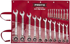 Proto - 20 Piece, 6mm to 32mm, Ratcheting Combination Wrench Set - Metric Measurement Standard, Full Polish Finish, Comes in Pouch - Benchmark Tooling