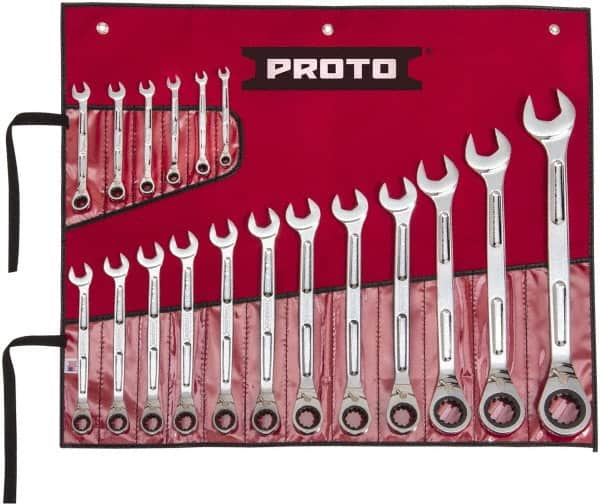 Proto - 18 Piece, 1/4" to 1-1/4", Ratcheting Combination Wrench Set - Inch Measurement Standard, Full Polish Finish, Comes in Pouch - Benchmark Tooling