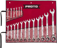 Proto - 18 Piece, 1/4" to 1-1/4", Ratcheting Combination Wrench Set - Inch Measurement Standard, Full Polish Finish, Comes in Pouch - Benchmark Tooling