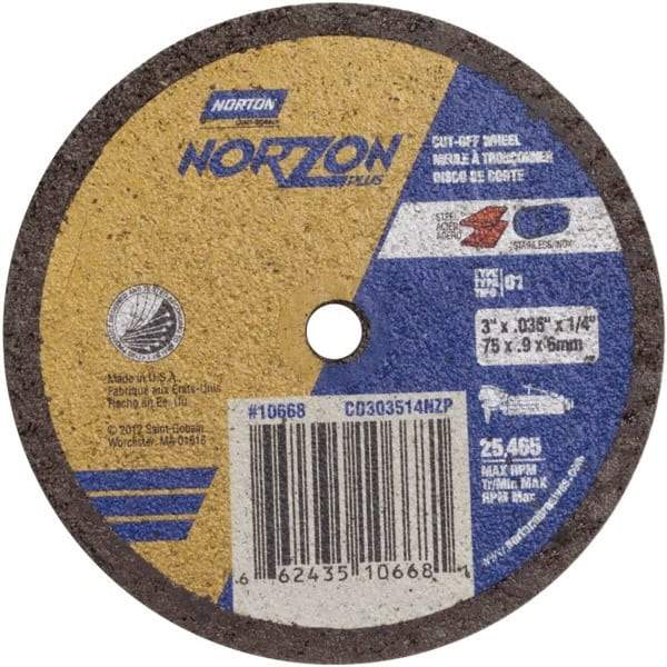 Norton - 3" Ceramic Cutoff Wheel - 0.035" Thick, 1/4" Arbor, Use with Angle Grinders - Benchmark Tooling