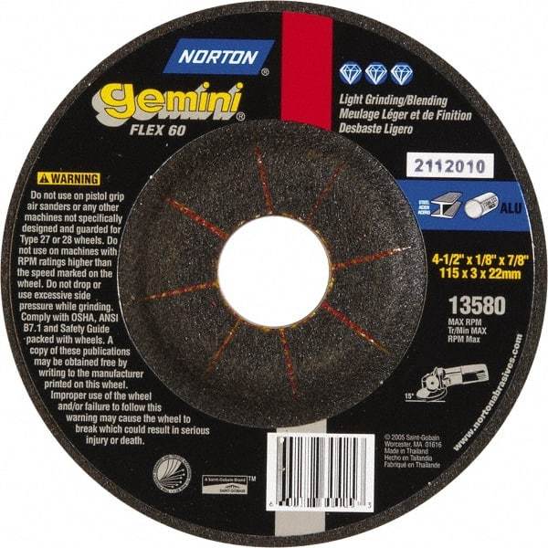 Norton - 60 Grit, 4-1/2" Wheel Diam, 1/8" Wheel Thickness, 7/8" Arbor Hole, Type 27 Depressed Center Wheel - Aluminum Oxide, 12,000 Max RPM - Benchmark Tooling