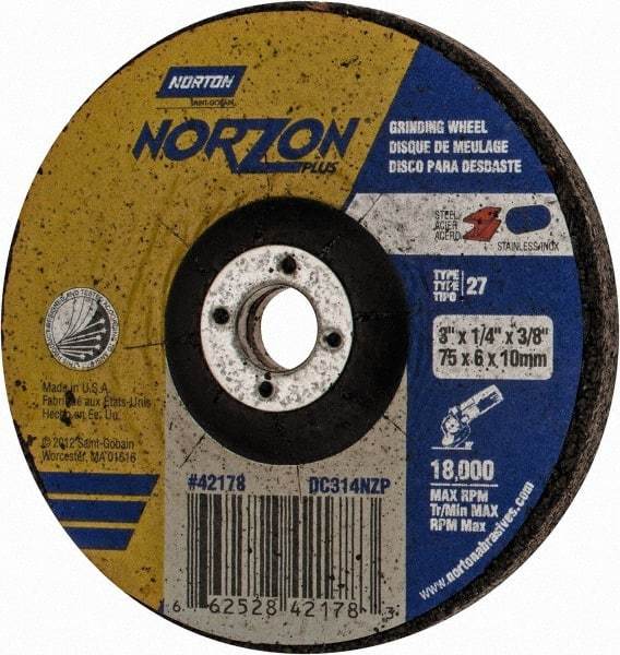 Norton - 24 Grit, 3" Wheel Diam, 1/4" Wheel Thickness, 3/8" Arbor Hole, Type 27 Depressed Center Wheel - Ceramic, 18,000 Max RPM - Benchmark Tooling