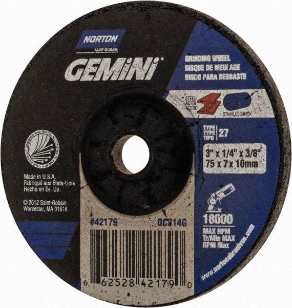 Norton - 24 Grit, 3" Wheel Diam, 1/4" Wheel Thickness, 3/8" Arbor Hole, Type 27 Depressed Center Wheel - Aluminum Oxide, 18,000 Max RPM - Benchmark Tooling