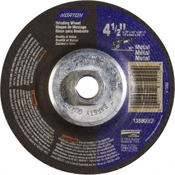 Norton - 24 Grit, 4-1/2" Wheel Diam, 1/4" Wheel Thickness, Type 27 Depressed Center Wheel - Aluminum Oxide - Benchmark Tooling