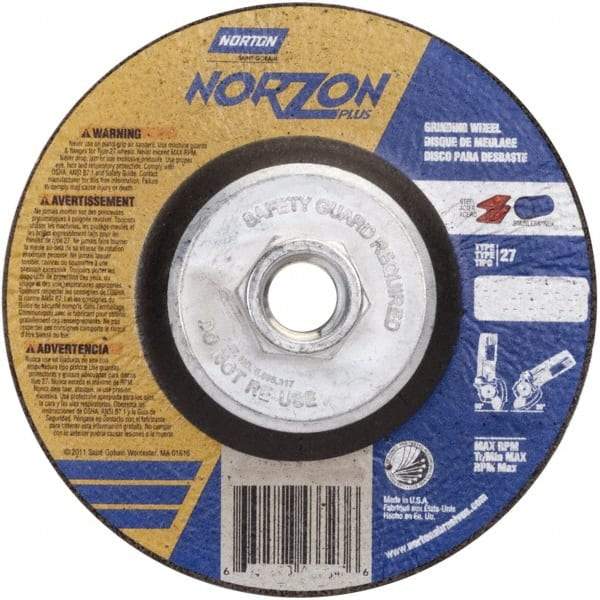 Norton - 24 Grit, 5" Wheel Diam, 1/8" Wheel Thickness, Type 27 Depressed Center Wheel - Ceramic - Benchmark Tooling