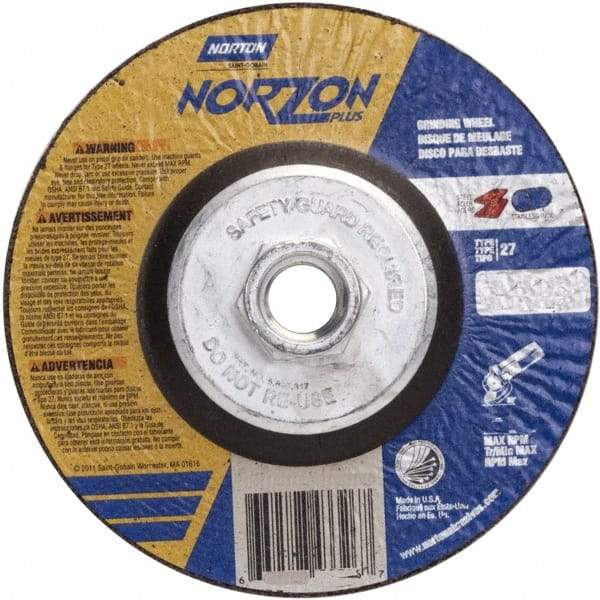 Norton - 24 Grit, 5" Wheel Diam, 1/4" Wheel Thickness, Type 27 Depressed Center Wheel - Ceramic, 12,225 Max RPM - Benchmark Tooling