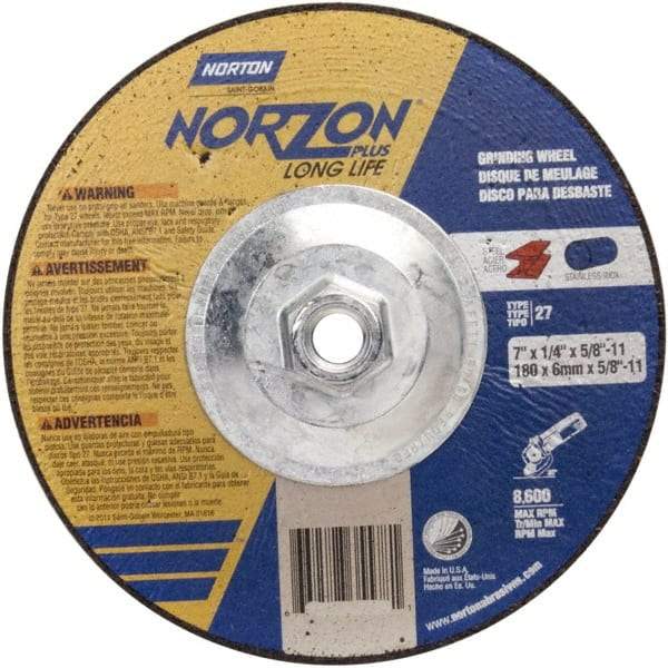 Norton - 24 Grit, 5" Wheel Diam, 1/4" Wheel Thickness, Type 27 Depressed Center Wheel - Ceramic - Benchmark Tooling