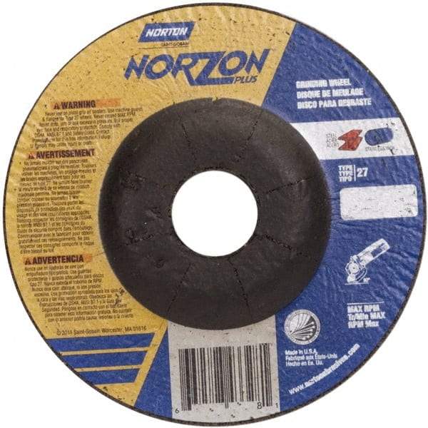 Norton - 24 Grit, 5" Wheel Diam, 1/4" Wheel Thickness, 7/8" Arbor Hole, Type 27 Depressed Center Wheel - Ceramic, 12,225 Max RPM - Benchmark Tooling