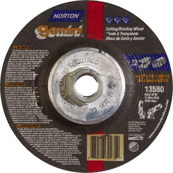 Norton - 24 Grit, 4-1/2" Wheel Diam, 1/8" Wheel Thickness, Type 27 Depressed Center Wheel - Aluminum Oxide, 13,580 Max RPM - Benchmark Tooling