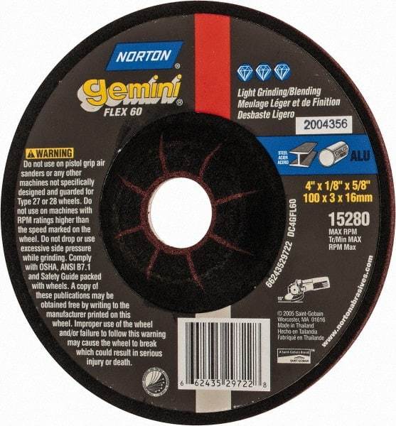 Norton - 60 Grit, 4" Wheel Diam, 1/8" Wheel Thickness, 5/8" Arbor Hole, Type 27 Depressed Center Wheel - Aluminum Oxide, 13,500 Max RPM - Benchmark Tooling