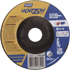 Norton - 36 Grit, 4-1/2" Wheel Diam, 1/8" Wheel Thickness, 7/8" Arbor Hole, Type 27 Depressed Center Wheel - Ceramic, 13,580 Max RPM - Benchmark Tooling