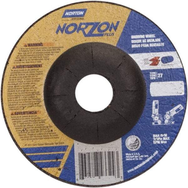 Norton - 24 Grit, 4-1/2" Wheel Diam, 1/8" Wheel Thickness, 7/8" Arbor Hole, Type 27 Depressed Center Wheel - Ceramic, 13,580 Max RPM - Benchmark Tooling